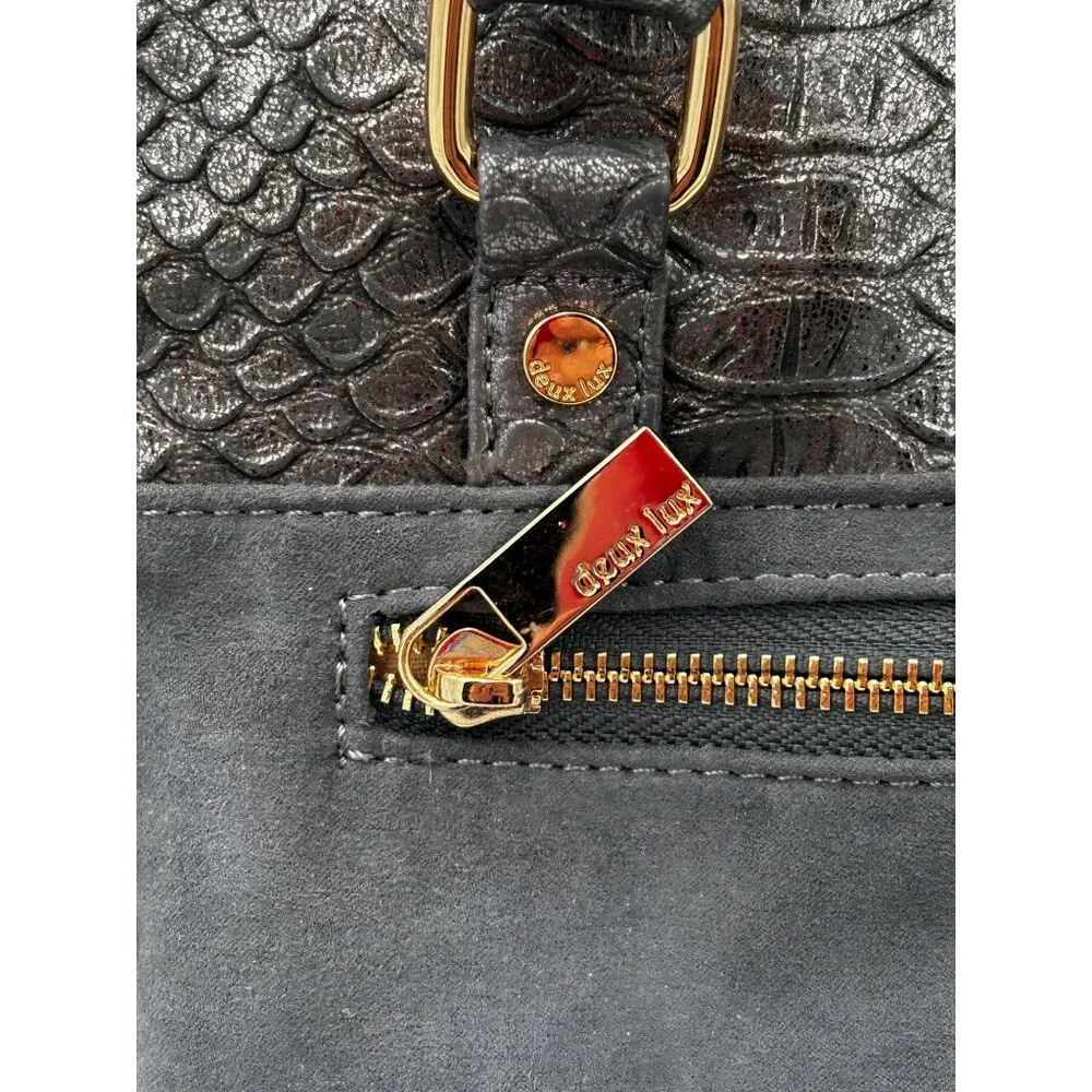 Deux Lux Satchel Tote Women Gray Faux Leather Croc Embossed Metallic Chain Strap